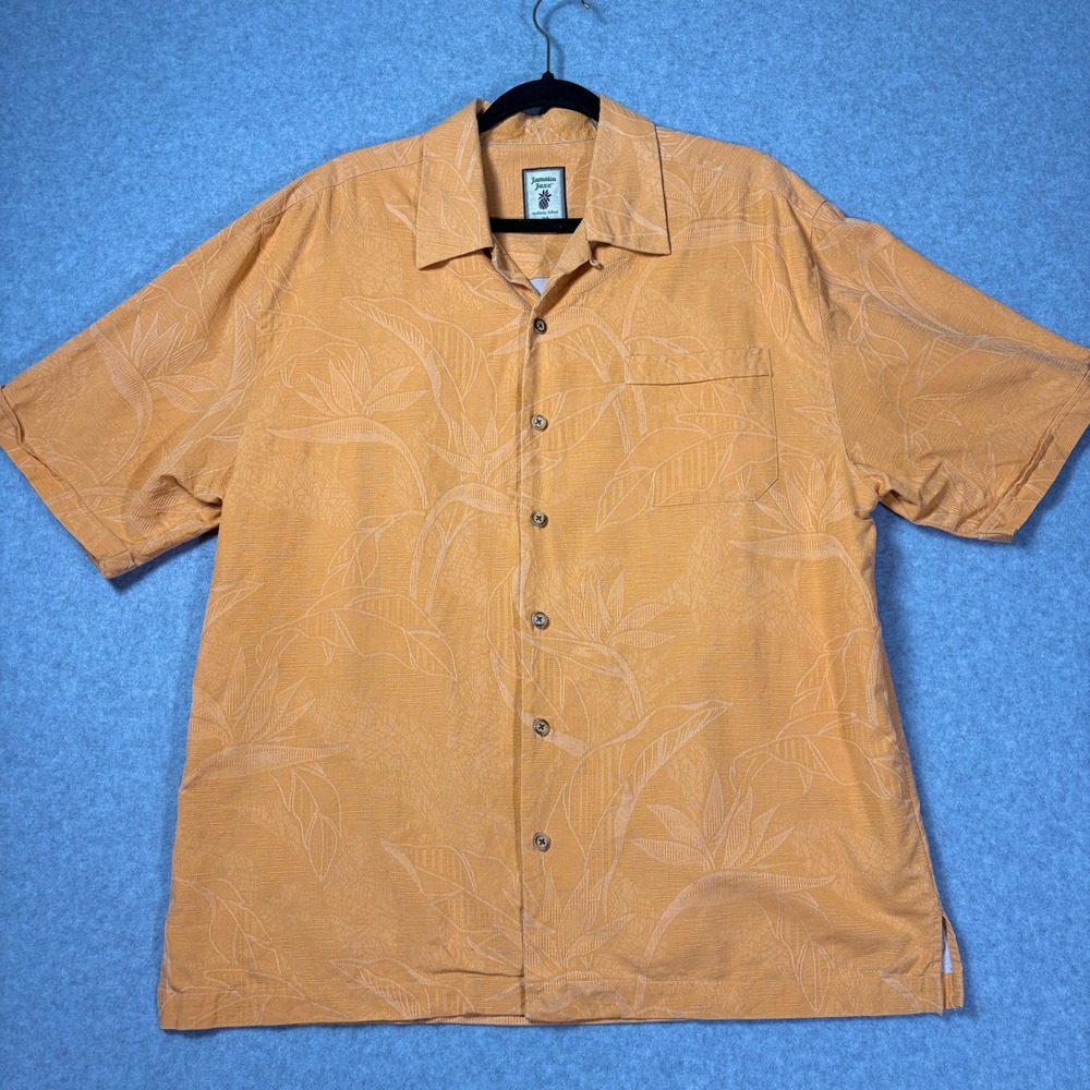 Jamaica Jaxx Mens Large Orange 100% Silk Jacquard Floral Short Sleeve Shirt